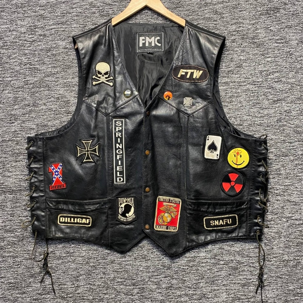 VTG FMC Leather Biker Vest Men 56 Black Patch FTW Iron Cross DILLIGAF Side Lace